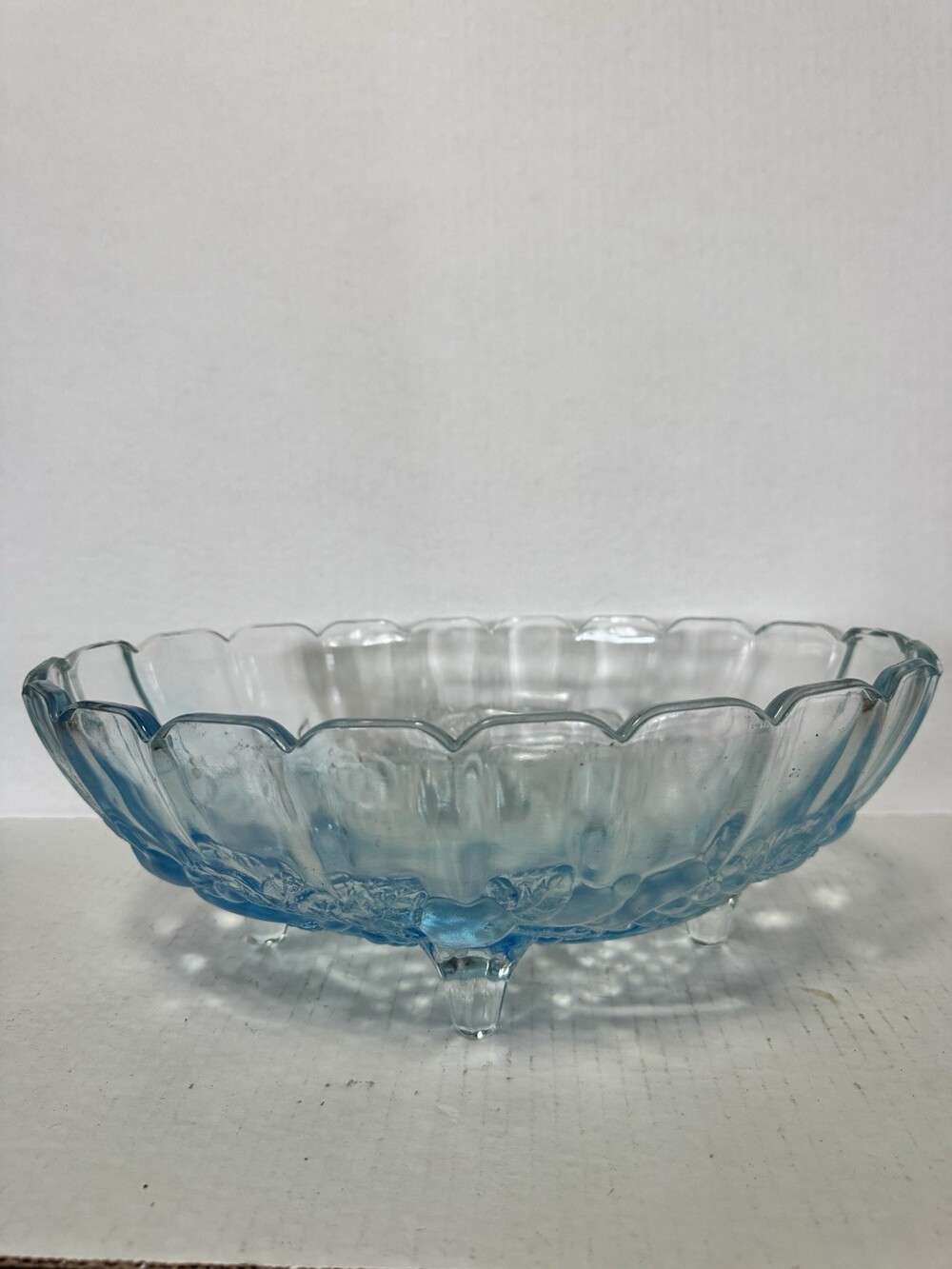 Vintage Indiana Glass Harvest Ice Blue Footed Oval Fruit Bowl 12” Scalloped